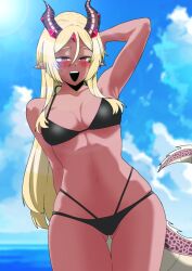 aranaya_zaneri_xaphina beach bikini bikini_bottom bikini_top black_bikini black_bikini_bottom black_bikini_top blonde blonde_female blonde_hair blonde_hair_female blush blushing dragon dragon_girl dragon_horns dragon_tail green_bean pointy_ears pointy_teeth tanned tanned_female tanned_girl tanned_skin virtual_youtuber vtuber