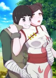 1boy 1girls bandaged_arm bandages big_eyes black_hair blunt_bangs bowl_cut breast_grab breasts brown_eyes brown_hair bushy_eyebrows china_dress chinese_clothes double_bun embarrassed female fondling fondling_breast forest grabbing grabbing_from_behind groping groping_breasts hair_buns kimono kunoichi long_hair male male/female naruto naruto:_the_last naruto_(series) naruto_shippuden ninja outdoors parted_bangs rock_lee short_hair smile smirk tenten thick_eyebrows tied_hair twin_buns vest wrist_cuffs zavekey