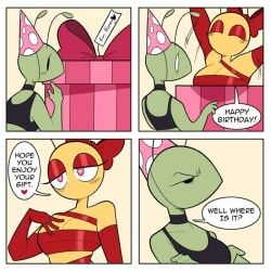 2girls bee birthday blush choker cleavage disappointed_look gift gift_box gift_wrapped_female heart heart-shaped_pupils honey_(idolomantises) idolomantises makeup mantis mothmilfs papaya_(idolomantisies) partially_clothed shocked wrapped wrapped_up yellow_body