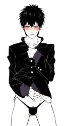 blush bulge class_3-z embarrassed gakuran gintama hijikata_toshiro looking_at_viewer male male_only mame_(pixiv) official_alternate_costume pubic_hair_peek restricted_palette school_uniform shirt_lift solo sweatdrop sweater thong twink