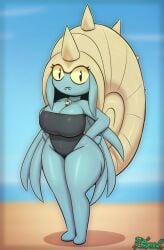 1girls 2023 absurd_res anthro anthrofied arthropod ass beach big_breasts big_butt black_clothing black_swimwear blue_body blue_hair breasts clothed clothing crustacean curvy cute_fang fangs female female_focus female_only fossil_pokémon front_view frown game_freak hand_on_hip hands_on_hips headgear headwear hi_res looking_at_viewer marine marine_humanoid miso_souperstar nintendo omastar one-piece_swimsuit outdoors outside pokémon_(species) pokemon pokemon_(species) seaside shell shortstack slit_pupils solo solo_female spikes spikes_(anatomy) standing swimwear thick_thighs thighs whistle whistle_(object) whistle_around_neck wide_hips yellow_eyes yellow_sclera