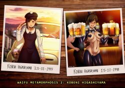 1girls 2koma accelart beer beer_mug before_and_after black_hair body_writing breasts chainsaw_man comic covered_nipples english_text fake_animal_ears female higashiyama_kobeni kobenis_car maebari pasties photo photo_(object) photo_comparison ponytail revealing_clothes reverse_bunnysuit standing text_bubble