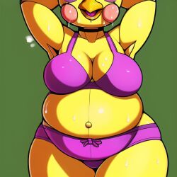 ai_generated anthro armpits arms_up beak belly_button big_belly big_breasts bra cheek_spots chica_(fnaf) chubby chubby_female five_nights_at_freddy's fnaf novelai obese outie_navel panties panty_bow sweat sweaty thick_thighs wide_hips