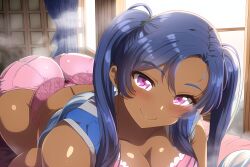 ai_generated ass ass_up bedroom bent_over big_ass big_butt big_hips blue_hair bra curvaceous curvy curvy_figure dark-skinned_female dark_skin fart fart_cloud female novelai panties pink_eyes pov smile smiling twintails
