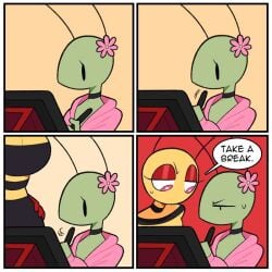 angry angry_face antennae antennae_(anatomy) anthro bee choker comic drawing drawing_tablet flower heart heart-shaped_pupils honey_(idolomantises) idolomantises mantis mothmilfs papaya_(idolomantisies) sweat text yellow_body