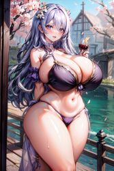 1girls ai_generated alternate_breast_size arms_behind_back aroused blush camilla_(fire_emblem) camilla_(summer)_(fire_emblem) cherry_blossoms church cowboy_shot curvy detailed_background excited fire_emblem fire_emblem_fates gigantic_breasts hair_flower holding_wine_glass hourglass_figure huge_breasts looking_at_viewer nintendo purple_bikini purple_eyes purple_hair river sarong seductive_smile see-through shiny_hair shiny_skin stable_diffusion sweat taut_clothes thick_thighs video_games wide_hips xenomon