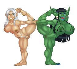 2girls athletic_female black_hair blizzard_entertainment blue_lipstick female female_only gnome gnome_(warcraft) goblin goblin_(warcraft) goblin_female green_skin huge_breasts light-skinned_female light_skin monawolt mostly_nude multiple_girls nude nude_female original_character pixxy_fizzleclank pussy sharp_teeth shortstack warcraft white_hair world_of_warcraft