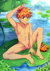 abs absurdres bandaid bandaid_on_face barefoot closed_mouth completely_nude flaccid full_body highres lens_flare lily_pad looking_at_viewer male_only mikkoukun nipples nude orange_eyes orange_footwear orange_hair original outdoors penis rain shoes shoes_removed smile water water_drop