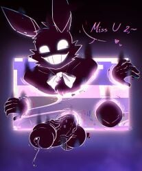 animatronic big_balls big_penis black_fur bowtie computer_screen five_nights_at_freddy's five_nights_at_freddy's_2 fnaf glitch hornbunxx huge_balls huge_cock lagomorph looking_at_viewer male male_only precum precum_drip presenting_penis rabbit shadow_bonnie simple_background smile solo speech_bubble text white_bowtie white_eyes