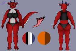 bra dragon female muscles orange_eyes panties red_body reference_image reference_sheet riley_the_dragon sharp_teeth teeth_showing tongue tongue_out