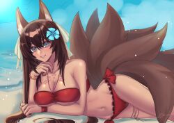 bare_shoulders beach bird blue_eyes blue_flower bracelet brown_hair caleen_keemosn cleavage commission eyebrows_visible_through_hair female female_only flower_in_hair fox_ear fox_girl fox_tail garter hair_ribbon hand_under_chin huge_breasts kemonomimi kitsunemimi laying_down lemonsensitive looking_at_viewer multiple_tails navel ocean outside red_bikini runes safe_for_work signature skimpy skimpy_clothes slightly_parted_lips smile star_ocean star_ocean_anamnesis summer tubetop twintails very_long_hair