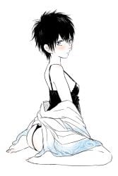 ass barefoot black_hair blue_eyes blush blushing female female_only full_body genderswap_(mtf) gintama hijikata_toshiro lingerie looking_at_viewer looking_back mame_(pixiv) restricted_palette rule_63 short_hair sideboob sitting small_breasts solo tank_top thong tomboy very_short_hair wariza wearing_others_clothes