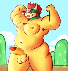 absurd_res anthro armpit_hair balls belly bodily_fluids body_hair bowser breasts chest_tuft chubby_anthro chubby_male erection facial_hair flexing gaygoat genital_fluids genitals hi_res koopa male male_only mario_(series) nintendo nipples nude outdoors pecs penis precum scalie simple_background solo super_mario_bros. thick_thighs tuft