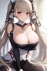 1girls ai_generated azur_lane blush breasts cleavage female formidable_(azur_lane) huge_breasts light-skinned_female light_skin long_hair maid maid_outfit mimi_ai red_eyes stable_diffusion twintails white_hair