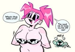 2girls angry bikini_bottom bikini_top closed_eyes cow_print crab dialogue green_skin herny multiple_girls pink_hair pink_skin rita_(herny) roxy_(herny) untying