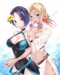 2girls alternate_costume amanoru_mozuku arms_around_waist bikini black_one-piece_swimsuit black_swimsuit blonde_hair blue_hair breasts catherine_(fire_emblem) catherine_(summer)_(fire_emblem) cleavage cocktail_glass cup drinking_glass drinking_straw female female_only fire_emblem fire_emblem:_three_houses fire_emblem_heroes flower hair_flower hair_ornament heart highres hug hug_from_behind multiple_girls nintendo official_alternate_costume one-piece_swimsuit shamir_nevrand shamir_nevrand_(summer) smile swimsuit white_bikini white_swimsuit yuri