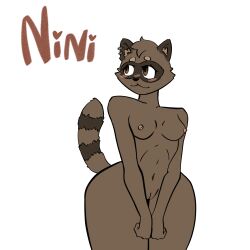 anthro ass blush breasts female genitals hi_res humanoid mammal nipples nirezii nude original_content original_nirezii procyonid pussy raccoon simple_background smile solo tail text