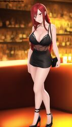 ai_generated bar black_outfit braided_hair erza_scarlet fairy_tail high_heels holding_bag legs_crossed lingerie long_hair matalica novelai pinup ponytail red_eyes red_hair self_upload solo