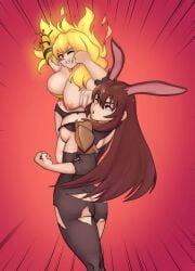 2girls brown_eyes color digital_drawing_(artwork) exposed faunus fight flaming_hair imminent_wardrobe_malfunction multiple_girls nipple_slip punch punching rabbit_ears rabbit_girl rabbit_humanoid red_eyes req reqqles rooster_teeth rwby simple_background tagme torn_clothes velvet_scarlatina wardrobe_malfunction yang_xiao_long