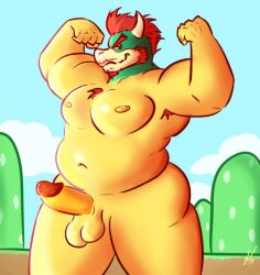 1boy anthro armpit_hair artist_signature ass balls ballsack belly body_hair bowser chest_tuft chubby_anthro chubby_male erection facial_hair flexing gaygoat genitals goatee green_head horns humanoid_penis koopa male male_nipples male_only mario_(series) masculine mature_male mustache nintendo ochre_skin outdoors pecs penis precum red_eyes red_hair scalie scrotum sideburns simple_background smooth_penis solo super_mario_bros. testicles thick_thighs tuft