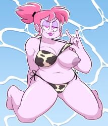 1girls big_ass big_breasts big_butt bikini bikini_bottom bikini_top cow_print goopabloopa lipstick nipple_slip one_breast_out one_nipple_out pink_hair pink_skin roxy_(herny) tongue_out