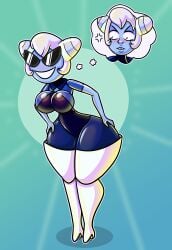 blue_skin dollification holly_blue_agate implied_transformation knick_knack large_breasts magicwritings permanent_smile solo steven_universe sunnification sunny_miami thick_thighs white_hair wide_hips