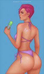 1girls 2d 4kids_entertainment back_tattoo big_ass bikini blue_eyes bubble_butt cute earrings female female_only honey_lavender_(artist) ice_cream looking_at_viewer looking_back nickelodeon pink_bikini pink_hair purple_hair rainbow_(animation_studio) sexy short_hair tan_body tattoo tecna tecna_(winx_club) thick_thighs thin_waist winx_club