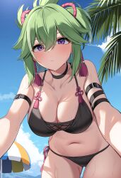 1girls beach big_breasts big_thighs bikini blush breasts busty female female_only genshin_impact huge_breasts huge_thighs kuki_shinobu large_breasts large_thighs navel solo solo_female suiroh_(shideoukami) swimsuit thick_thighs thighs voluptuous