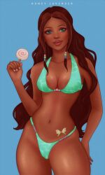 1girls 2d aisha_(winx_club) big_ass big_lips bikini blue_eyes brown_body brown_hair cameltoe cleavage dark-skinned_female female female_only honey_lavender_(artist) ice_cream layla_(winx_club) long_hair looking_at_viewer medium_breasts plump_lips popsicle rainbow_(animation_studio) solo teal_bikini thick_thighs thin_waist wavy_hair winx_club