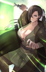 1girls absurdres alternate_costume bow braid breasts brown_eyes brown_hair cleavage collarbone commission energy_sword female female_only fire_emblem fire_emblem_fates green_lightsaber hair_bow hair_over_one_eye highres holding holding_lightsaber holding_weapon kagero_(fire_emblem) large_breasts lightsaber long_hair long_sleeves looking_at_viewer motion_blur motion_lines nintendo peli_cantaro ponytail skeb_commission solo star_wars sword very_long_hair weapon