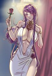 1female 1girls alboeire belly_button blurry_background bracelet breasts cleavage cleavage_dress dress ear_piercing earrings female female_only fire_emblem fire_emblem_engage fit fit_female gown huge_breasts ivy_(fire_emblem) looking_at_viewer navel necklace nintendo perfect_body purple_eyes purple_hair rose sideboob slit_dress solo solo_female white_dress