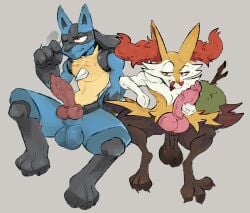 absurd_res animal_genitalia animal_penis anthro balls big_balls big_penis biped black_body black_fur blue_body blue_fur braixen canine_genitalia canine_penis darkluxia duo erection fur generation_4_pokemon generation_6_pokemon genitals grey_background hi_res inner_ear_fluff knot licking licking_lips looking_at_viewer lucario male nintendo penis pokemon pokemon_(species) saggy_balls sheath simple_background stick tan_body tan_fur tongue tongue_out tuft vein veiny_penis wavy_mouth yellow_body yellow_fur