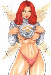 1girls big_breasts bikini busty female female_only green_eyes jean_grey lanio_sena large_breasts long_hair marvel marvel_comics marvel_girl navel no_bra panties pink_thong red_hair solo standing superheroine thong underboob underwear x-men