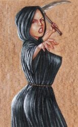 bald bald_woman black_robe bladed_weapon capcom clothed colored_pencil_(medium) cult cultist deviantart edithemad hentai-foundry hood hooded_cloak las_plagas resident_evil resident_evil_4 resident_evil_4_remake robe sickle side_view thick thick_ass weapon weapon_behind_back weapon_in_hand zealot zealot_(resident_evil)
