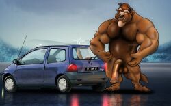 1boy absurd_res animal_genitalia animal_penis anthro autofurrart balls beast_(disney) beauty_and_the_beast_(1991_film) car completely_nude_male disney equine_genitalia equine_penis fur genitals hair hi_res license_plate looking_at_viewer male monster mountain musclegut muscular muscular_male nude outdoors pecs penis pubes renault renault_twingo road solo travel uncensored vehicle winter zubr