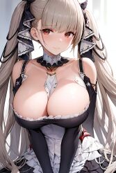 1girls ai_generated azur_lane blush breasts cleavage female formidable_(azur_lane) huge_breasts light-skinned_female light_skin long_hair maid maid_outfit mimi_ai red_eyes stable_diffusion twintails white_hair