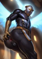 1boy ai_generated angel anus armor ass balls ballsack black_balls black_body black_skin detailed_background divine full-face_helmet gabriel_(ultrakill) gay gold helmet holding_ass holding_butt humanoid low-angle_view male male_only muscles muscular_male notagaylizard perineal_raphe perineum presenting presenting_anus presenting_hindquarters scrotum solo spreading spreading_ass standing sweat testicles ultrakill wings