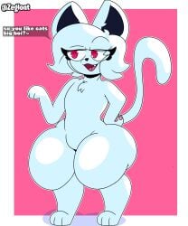 1boy anthro cat_ears cat_tail dorian_(zeglo-official) eyelashes eyelashes_visible_through_hair feline furry long_tail naked nude original original_character pink_eyes raised_eyebrow seductive text thick_thighs thighs white_fur white_hair zeglo-official