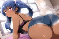 ai_generated ass ass_up bedroom bent_over big_ass big_butt big_hips blue_hair bra curvaceous curvy curvy_figure dark-skinned_female dark_skin fart fart_cloud female jean_shorts novelai pink_eyes shorts smile smiling twintails