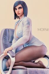 3d black_eyes black_hair blender_(software) dark-skinned_female dark_skin female high_resolution morw muscle muscular_female nylons office overwatch pharah see-through