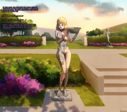 1girls asfr english_text garden inanimate_transformation mid-transformation nominu permanent petrification statue text transformation