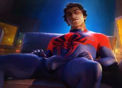 appasart biceps big_bulge bulge flaccid hispanic hispanic_male huge_bulge latino looking_at_viewer male male_only marvel miguel_o'hara muscles muscular muscular_male pecs sitting solo solo_male spider-man spread_legs