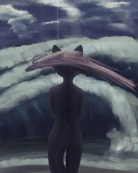 absurd_res anthro ass black_body black_fur cloud digital_media_(artwork) felid feline female ferrn fur hair hi_res huge_filesize mammal nails nude pantherine sea solo storm tail toshi_(ferrn) water wave white_hair