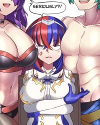 1boy 2girls absurdres alear_(female)_(fire_emblem) alear_(fire_emblem) alternate_costume angry annoyed arms_under_breasts bikini black_bikini black_swimsuit blue_hair bowtie breasts cleavage clothed crossed_arms dialogue english_commentary english_text ephraim_(fire_emblem) ephraim_(summer)_(fire_emblem) fire_emblem fire_emblem:_the_sacred_stones fire_emblem:_three_houses fire_emblem_engage fire_emblem_heroes fire_emblem_warriors:_three_hopes gloves green_hair hair_ornament hairband highres large_breasts looking_at_viewer male_swimwear multicolored_hair multiple_girls muscular muscular_male nintendo official_alternate_costume on_chair open_mouth plain_background purple_hair red_hair shez_(female)_(fire_emblem) shez_(female)_(summer)_(fire_emblem) shez_(fire_emblem) shirtless sitting smile solo_focus swim_trunks swimsuit talking_to_viewer teeth tetsu_chokoreto upper_teeth_only white_background