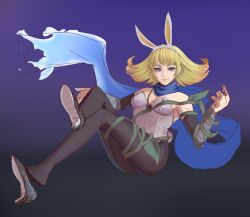 1girls alluring alternate_costume animal_ears bare_shoulders blonde_hair breasts bunnysuit cm_lynarc fake_animal_ears full_body gradient_background high_heels kid_icarus kid_icarus_uprising leotard looking_at_viewer medium_breasts nintendo phosphora playboy_bunny purple_eyes rabbit_ears scarf sitting smile