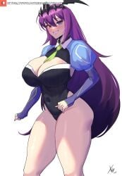 belly_button big_breasts blue_eyes blush cleavage commission crown exposed_legs green_tie heterochromia leotard long_hair purple_hair red_eyes smile sujin_lee tagme the_god_of_highschool thick_thighs white_background xhaart