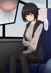 ... black_hair black_pantyhose blue_jacket blue_shorts blue_sky blush bob_cut breasts bus_interior close-up closed_mouth collarbone commentary_request day female female_pubic_hair grey_shirt groin half-closed_eyes hand_on_own_knee have_to_pee highres holding_own_arm jacket long_sleeves maanii medium_breasts multiple_views original panties pantyhose power_lines pubic_hair purple_eyes shirt short_hair short_shorts shorts sidelocks sitting sky sleeveless sleeveless_jacket speech_bubble split_mouth spoken_ellipsis sweat underwear white_panties window