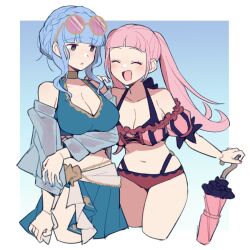 2girls :d ^_^ alternate_costume bare_shoulders bikini blue_bikini blue_hair blue_nails blue_skirt blue_swimsuit blunt_bangs blush braid breasts cleavage closed_eyes commentary cropped_legs crown_braid do_m_kaeru eyewear_on_head female female_only fire_emblem fire_emblem:_three_houses fire_emblem_heroes grey_eyes hand_on_another's_shoulder hilda_valentine_goneril hilda_valentine_goneril_(summer) holding holding_umbrella long_hair looking_at_another marianne_von_edmund marianne_von_edmund_(summer) medium_breasts multiple_girls navel nintendo off_shoulder official_alternate_costume open_mouth parasol pink_bikini pink_hair pink_nails pink_swimsuit round_eyewear short_hair skirt smile sunglasses sunglasses_on_head swimsuit twintails umbrella