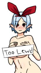 blush breasts censor_bar censored censored_breasts completely_nude completely_nude_female disgaea embarrassed embarrassed_nude_female enf female large_breasts nippon_ichi_software nude pleinair underboob white_background