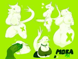 anthro big_ass big_breasts big_penis choker collar futanari green_background green_eyes green_nipples green_penis kobold mammal moba_(artist) moba_(moba) precum simple_background split_tongue white_fur